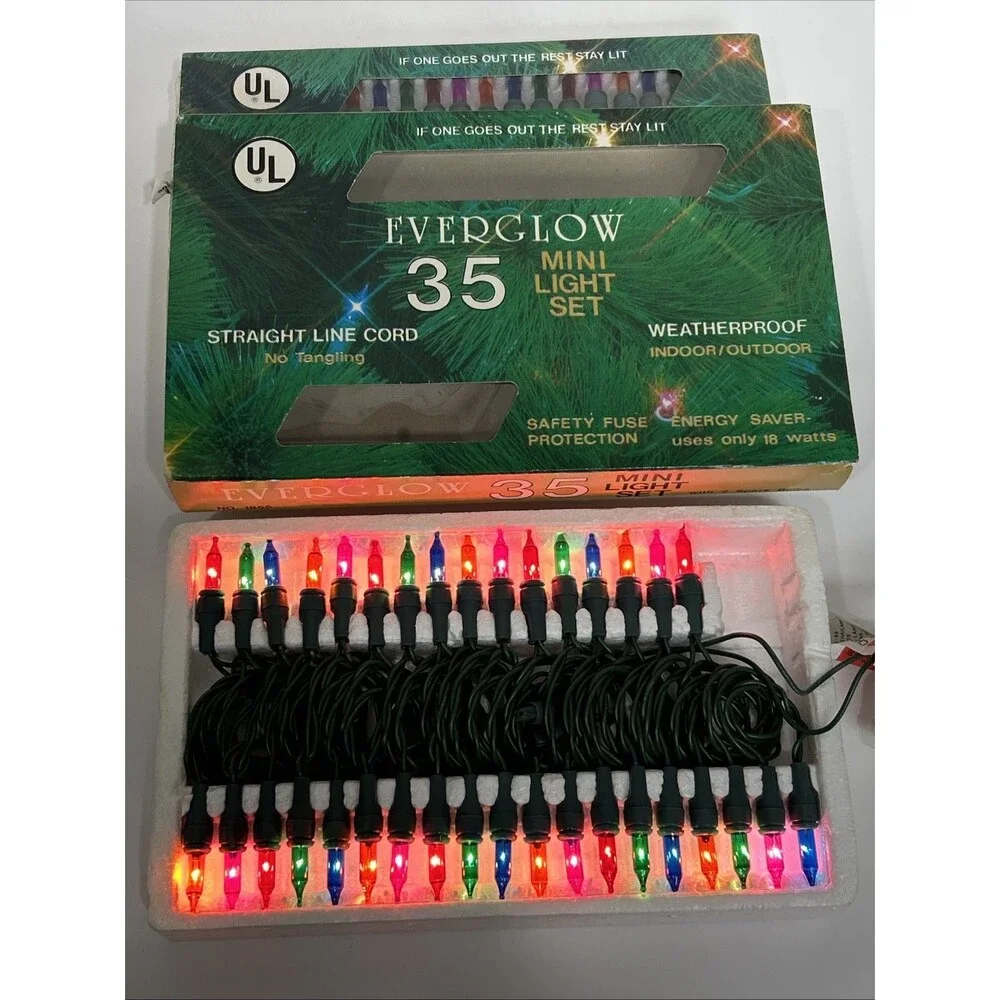 Lot Of 2 Everglow 35 Miniature Christmas Lights Multicolor Steady Flashing Vtg